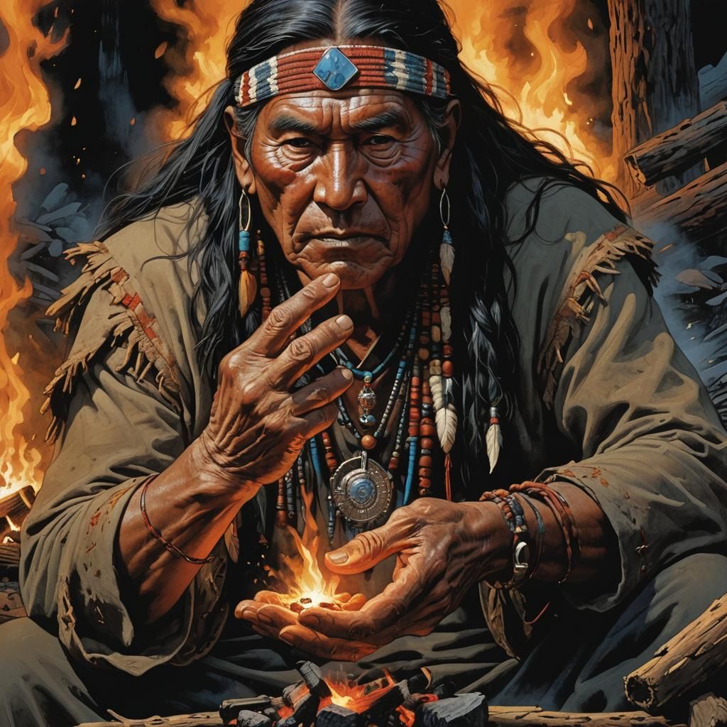 Native American Shaman Lighting Calumet: Comic Book Art