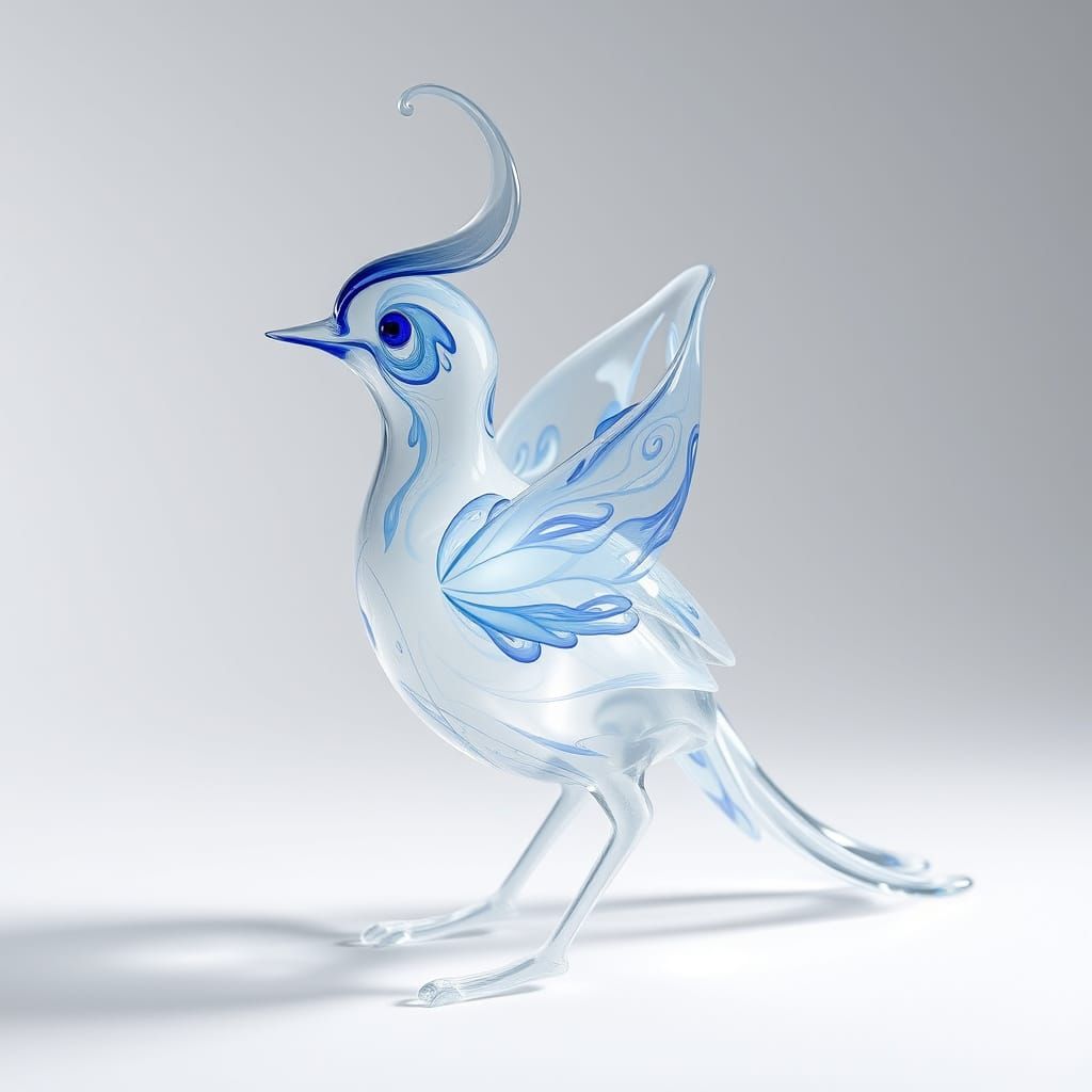 Elegant Glass Bird with Swirling Blues and Whites