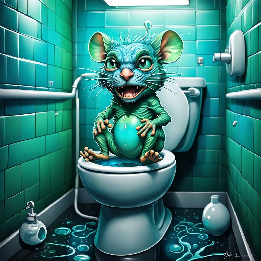 Angry Aqua Chibi Mouse on Toilet: Psychedelic Art