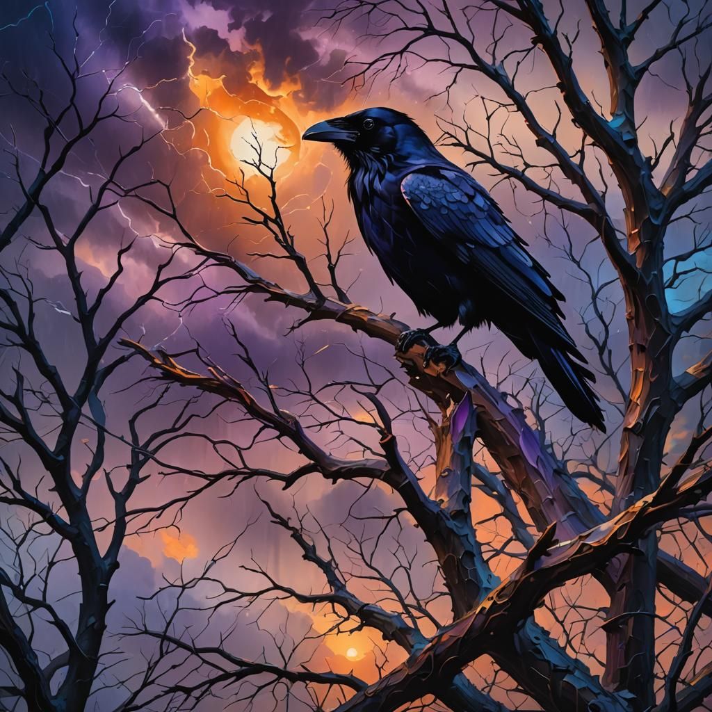 Raven in Storm: Vibrant Oil Painting