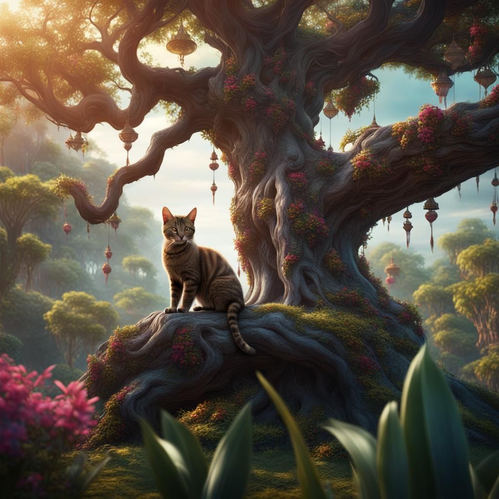 Thai Cat in Tree Garden: Detailed Matte Painting
