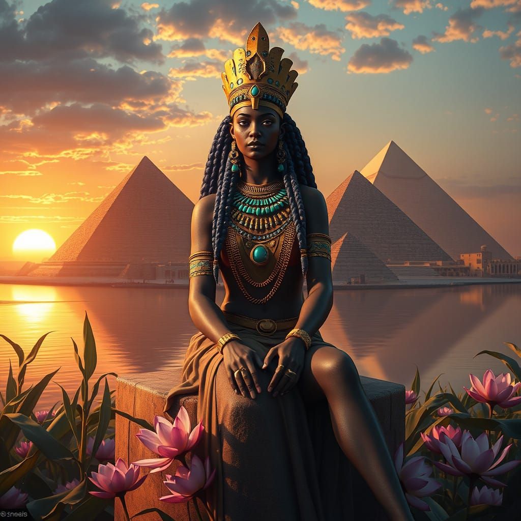 Surreal Nubian Goddess Reigns over Ancient Nile Enchantment