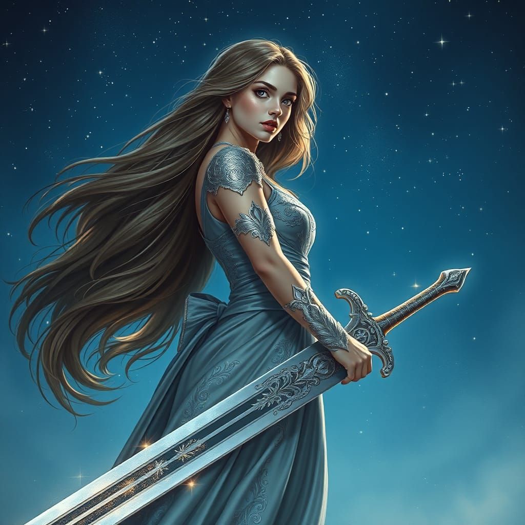 Celestial Woman with Sword under Starry Night