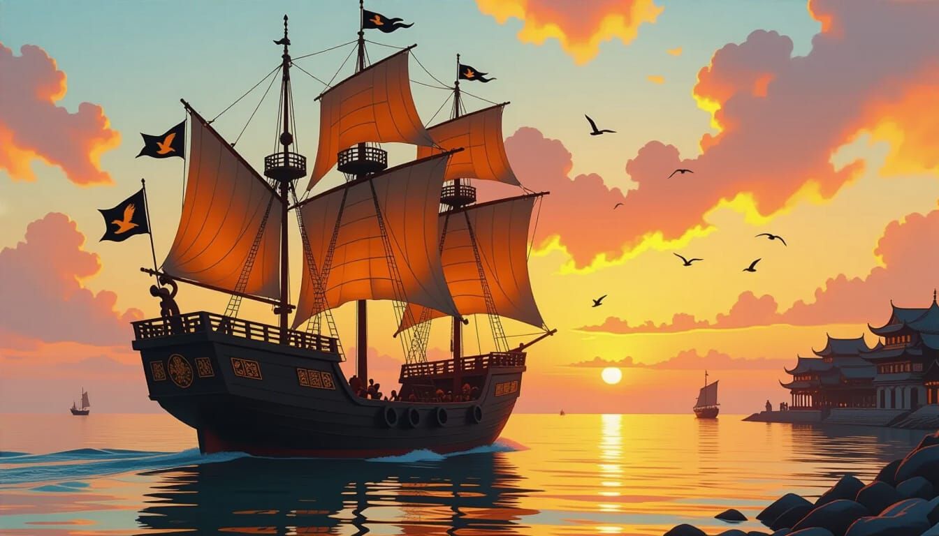 Sunset Voyage of an Ornate Chinese Junk