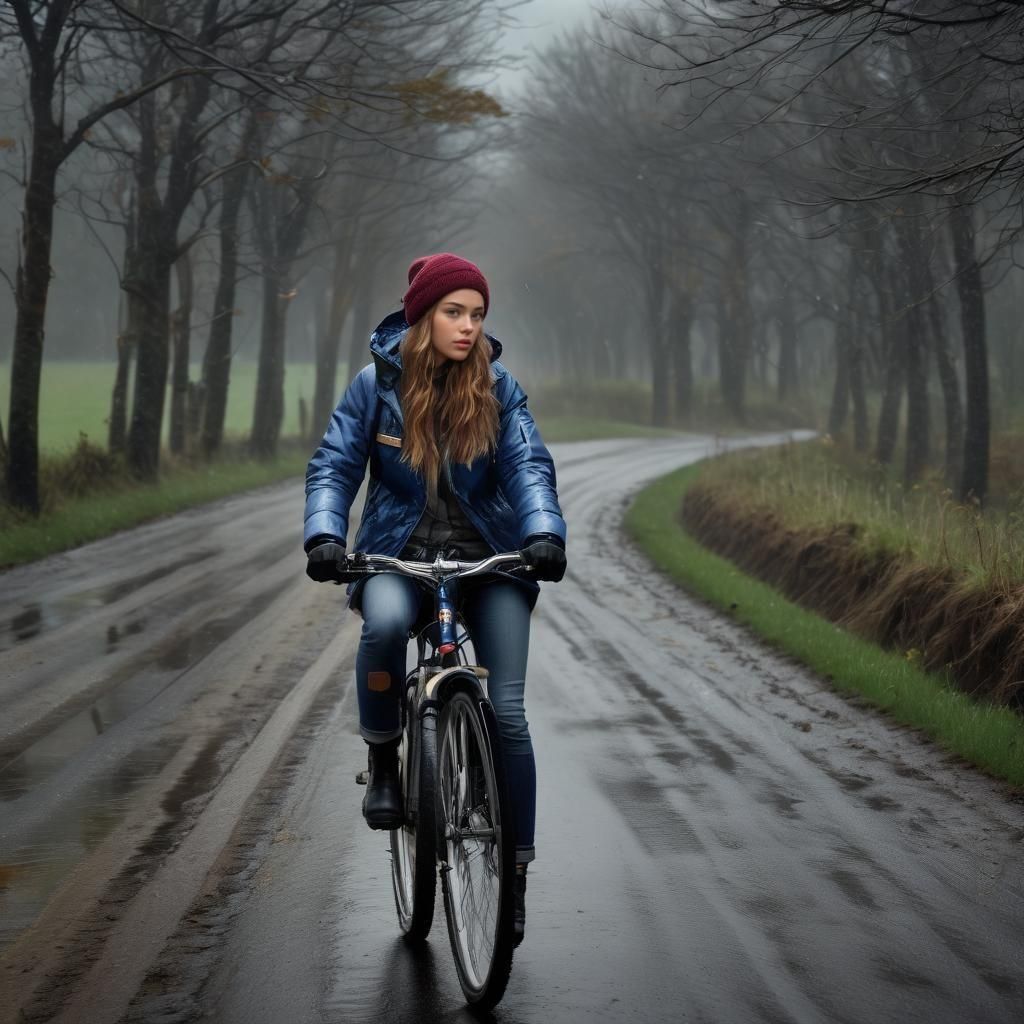 Girl on Bike in Stormy Weather, Hyperrealistic Style