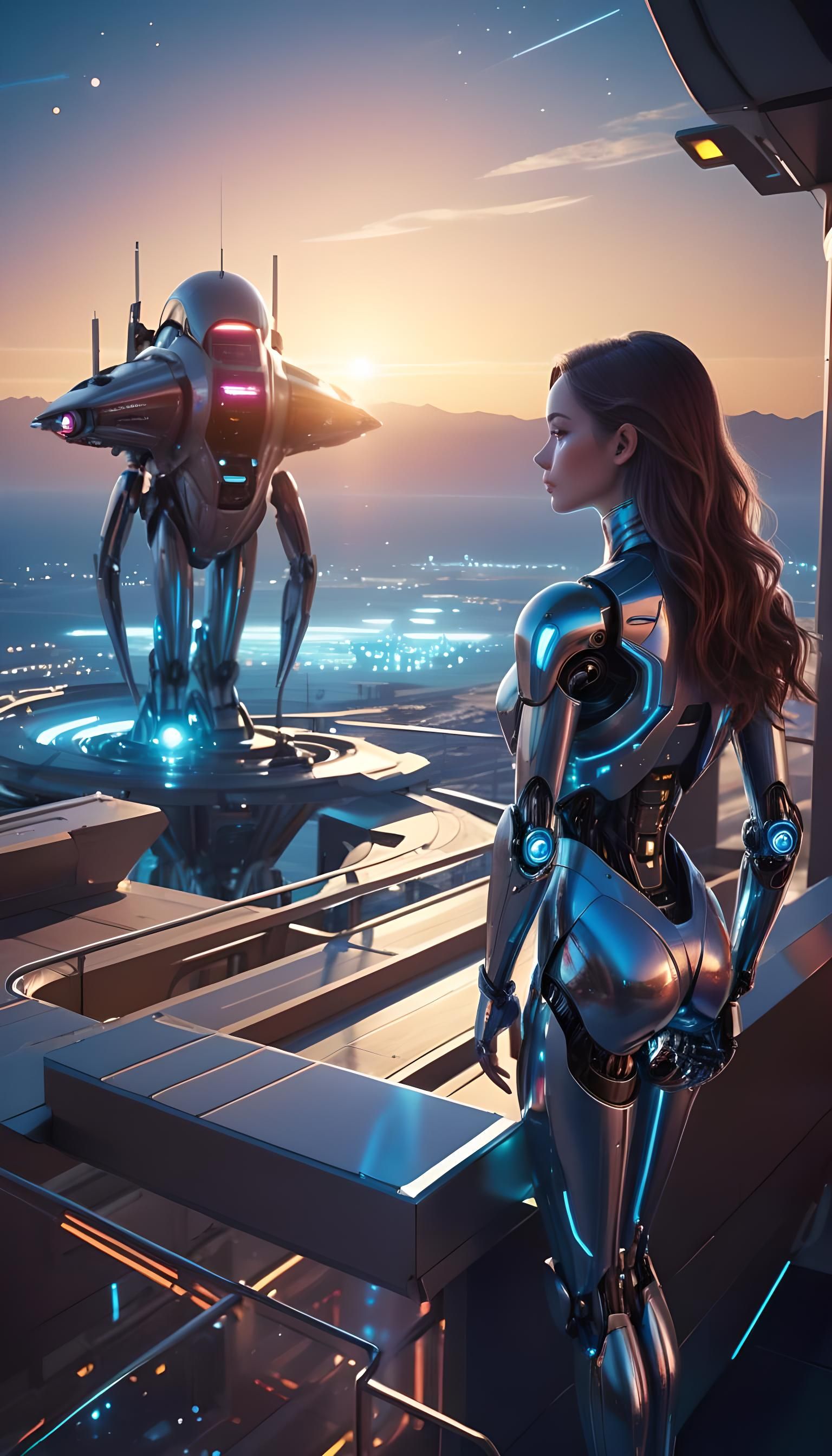 Female Robot Welcomes Lover's Starship: Cyberpunk Art