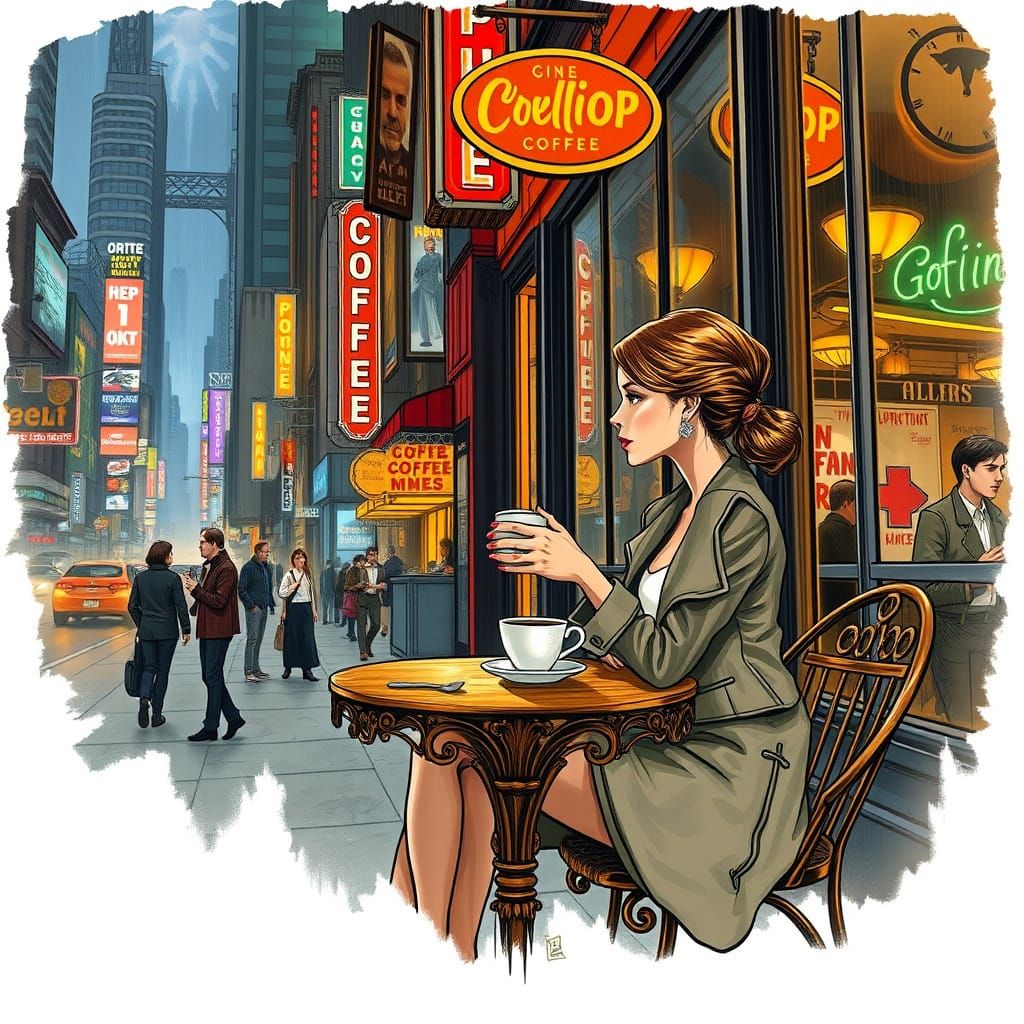 Elegant Woman Sips Coffee in Futuristic Cityscape