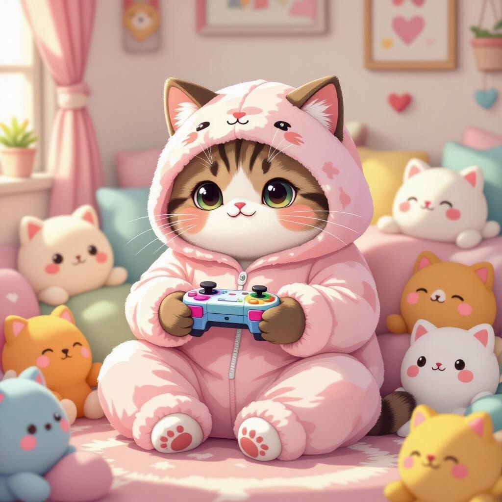 Pusheen Gamer in Pastel Pink Pajamas