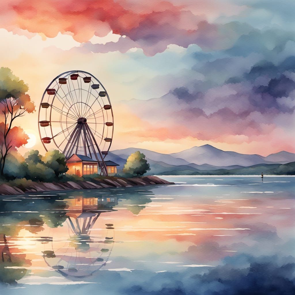Watercolor Ferris Wheel at Sunset: A Serene Landscape