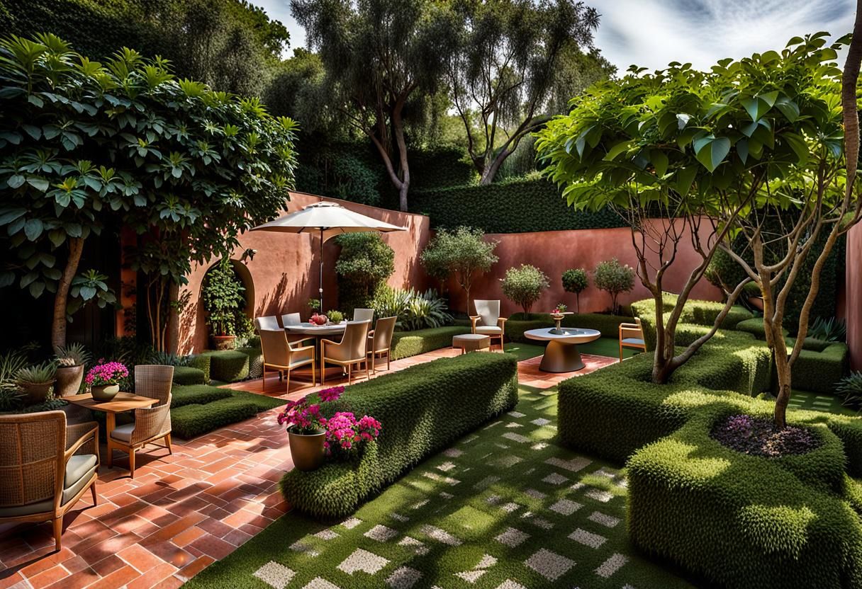 Outdoor Space with Brick, Plants and Water Feature