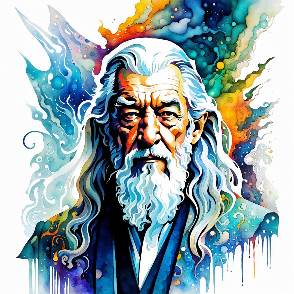 Gandalf Portrait: Watercolor and Abstract Mixed Media