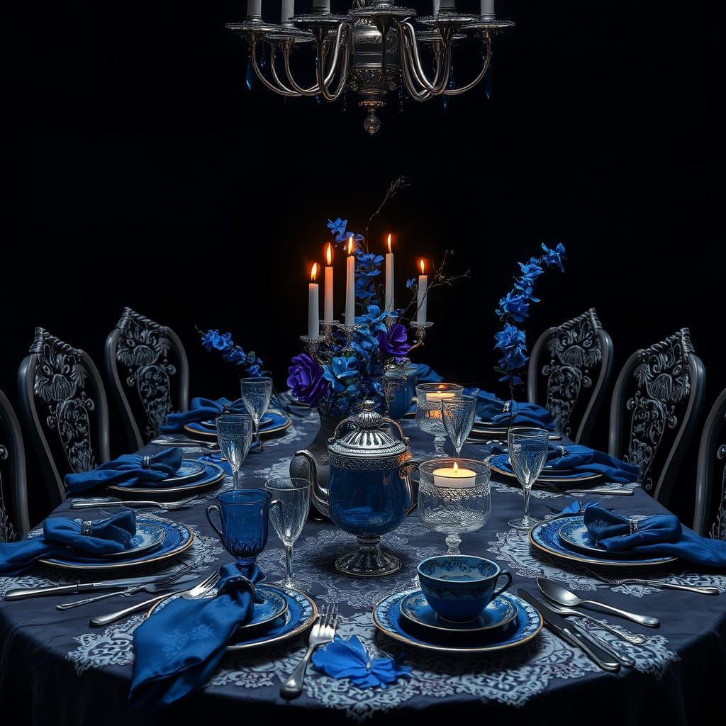 Gothic Tea Party Settings with Cobalt Accents
