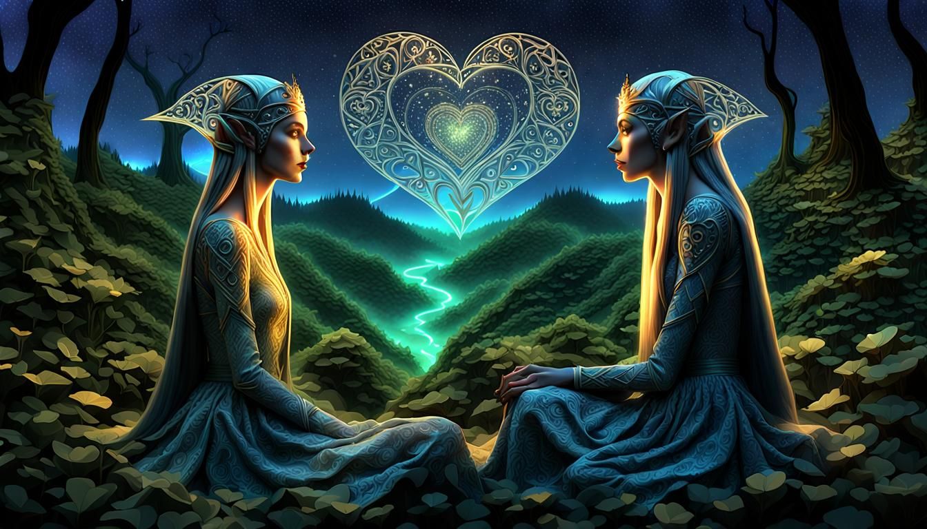 Elven Stargazers in a Lush Forest, Surreal Art