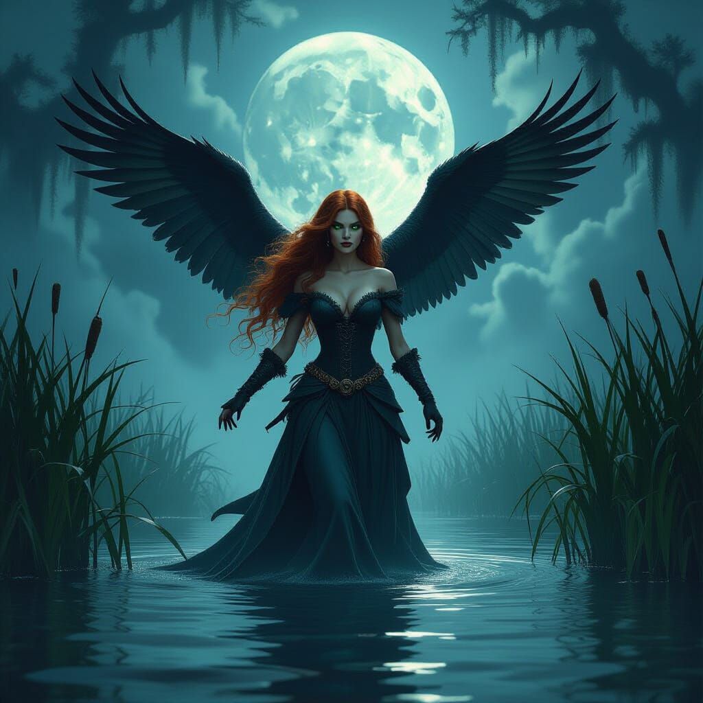 Eerie Hybrid Creature in Haunted Shadowy Swamp