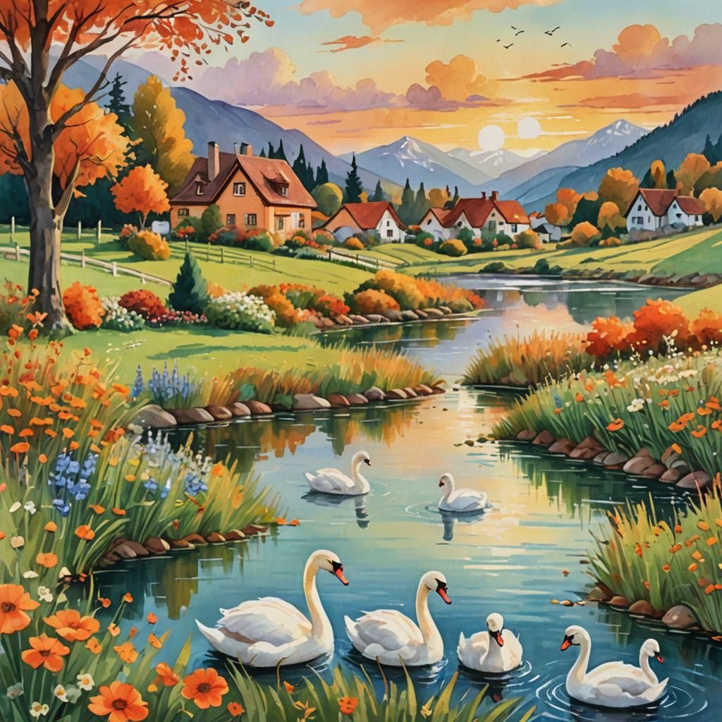 Swans in Autumn Sunset: An Impressionist Gouache Painting