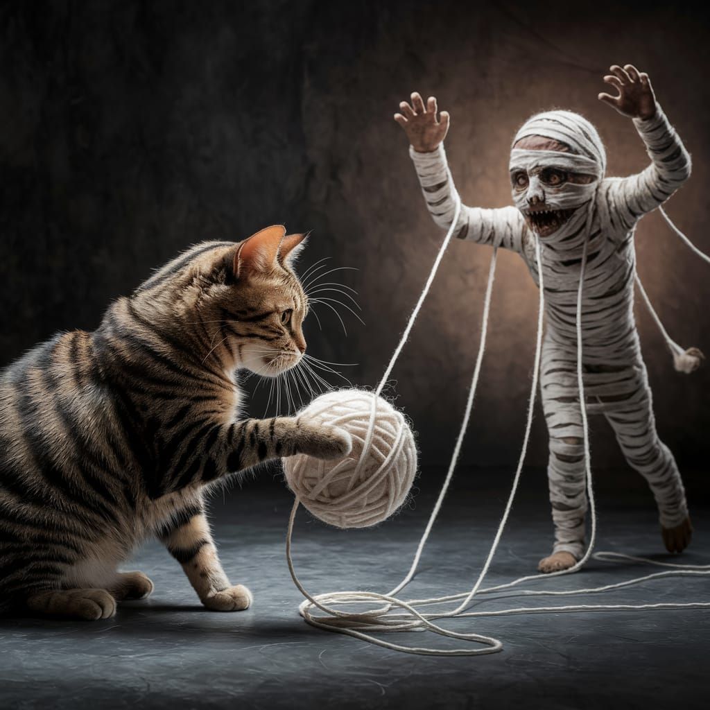 Whimsical Hyperrealistic Scene of Cat Playing with Mummy