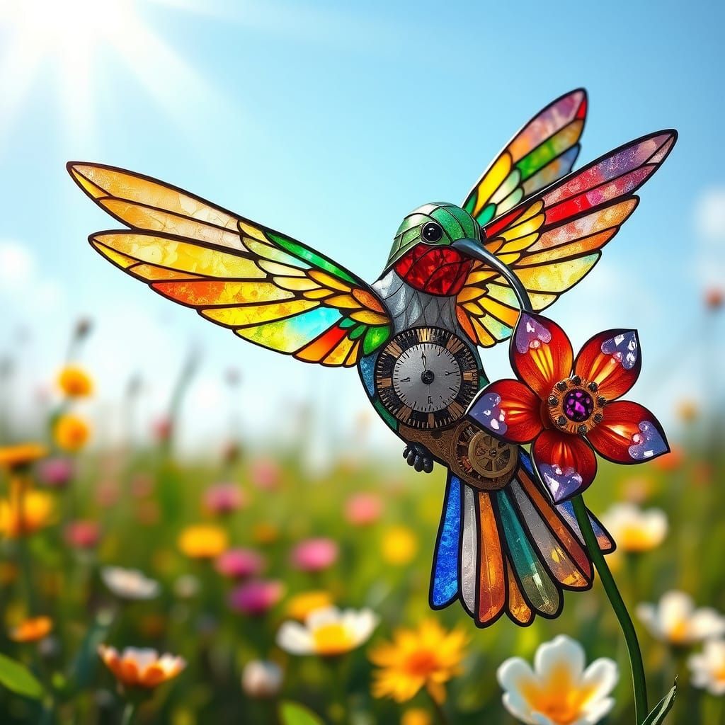 Stained Glass Hummingbird Automaton in Victorian Steampunk S...