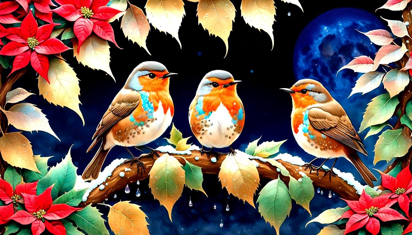 Whimsical Winter Wonderland with Iridescent Robins and Cosmi...