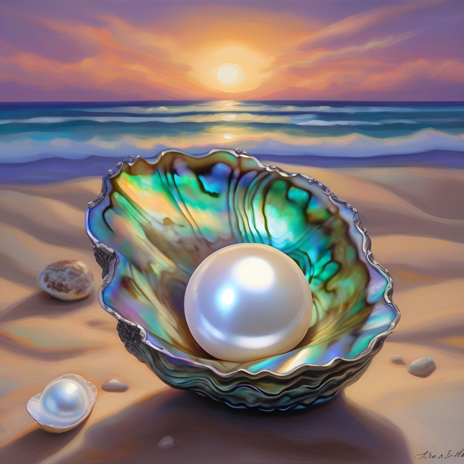 Abalone Shell Pearl on Sandy Beach at Sunset