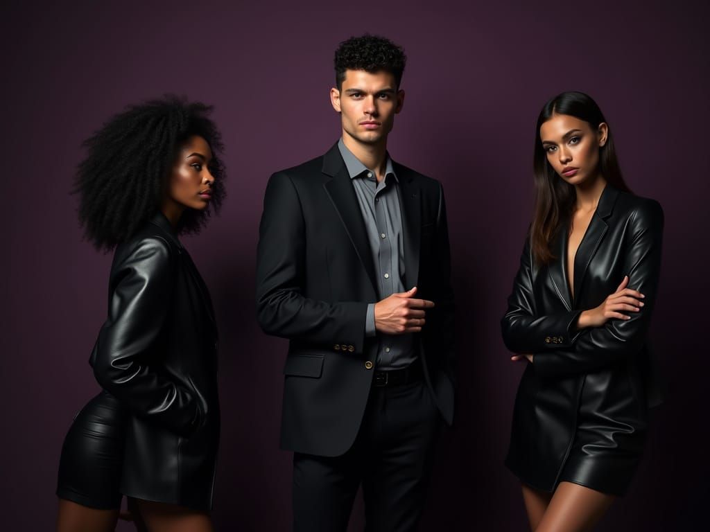 Tall Male Model in Modern Attire, Flanked by Women, Deep Pur...