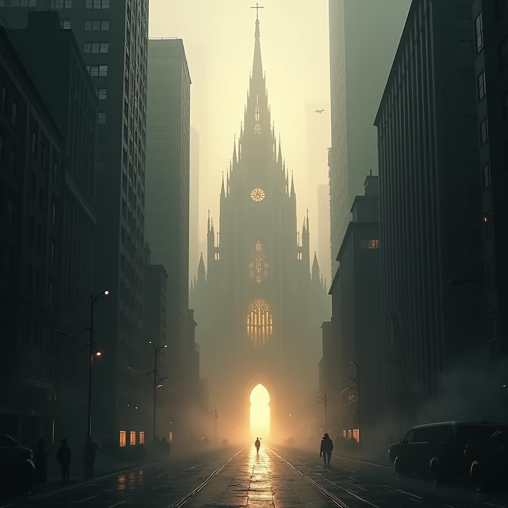 Radiant Cathedral Shines in Dark Gritty Cityscape
