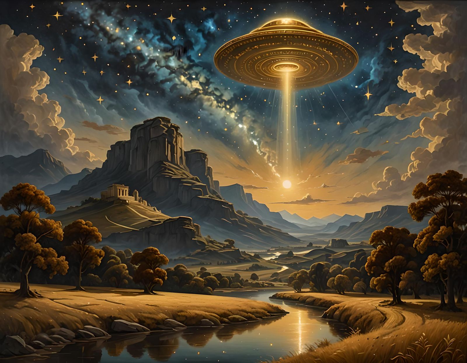 Neoclassical Oil Painting: UFO in Cosmic Sky