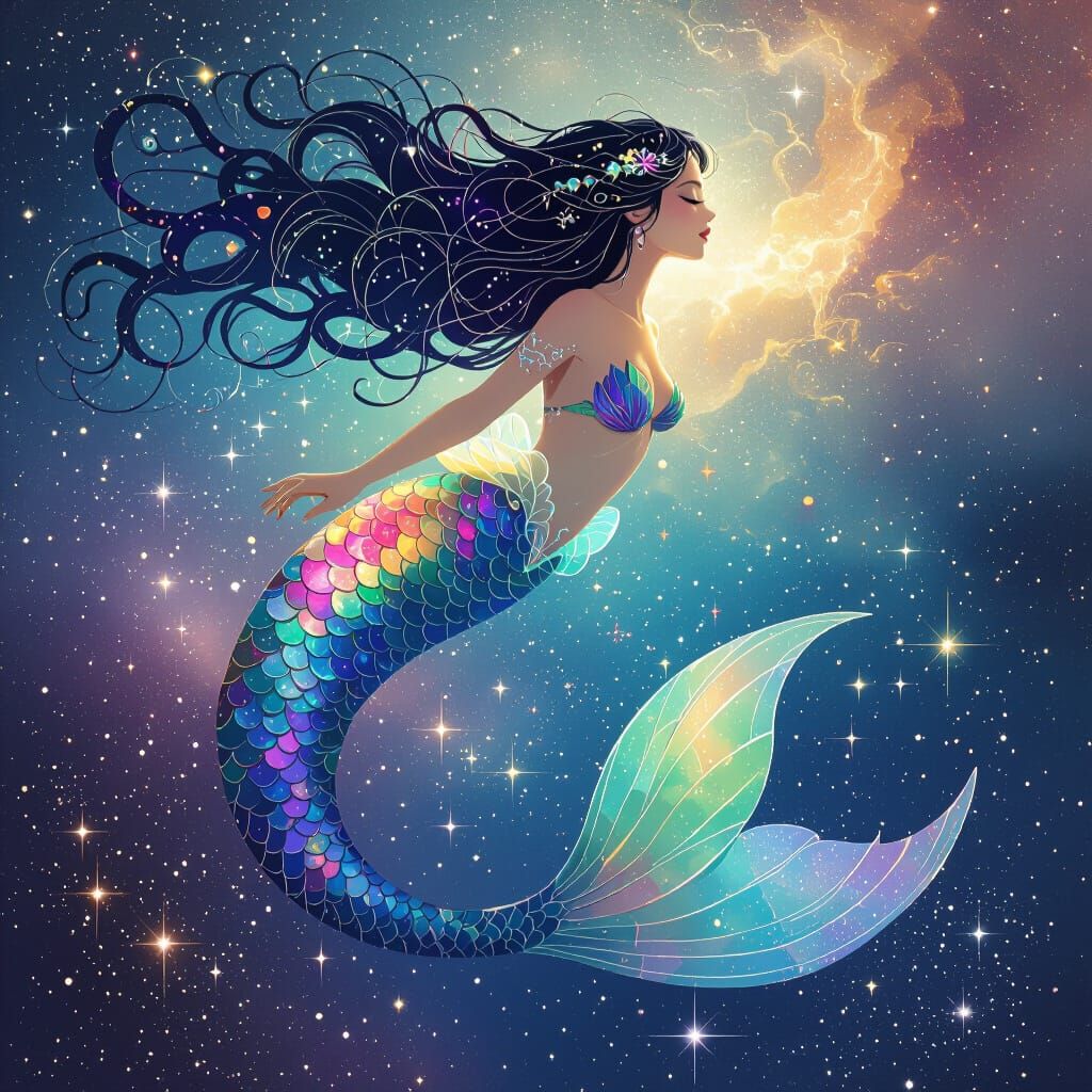 Galaxy Mermaid with Iridescent Tail in Digital Painting Styl...