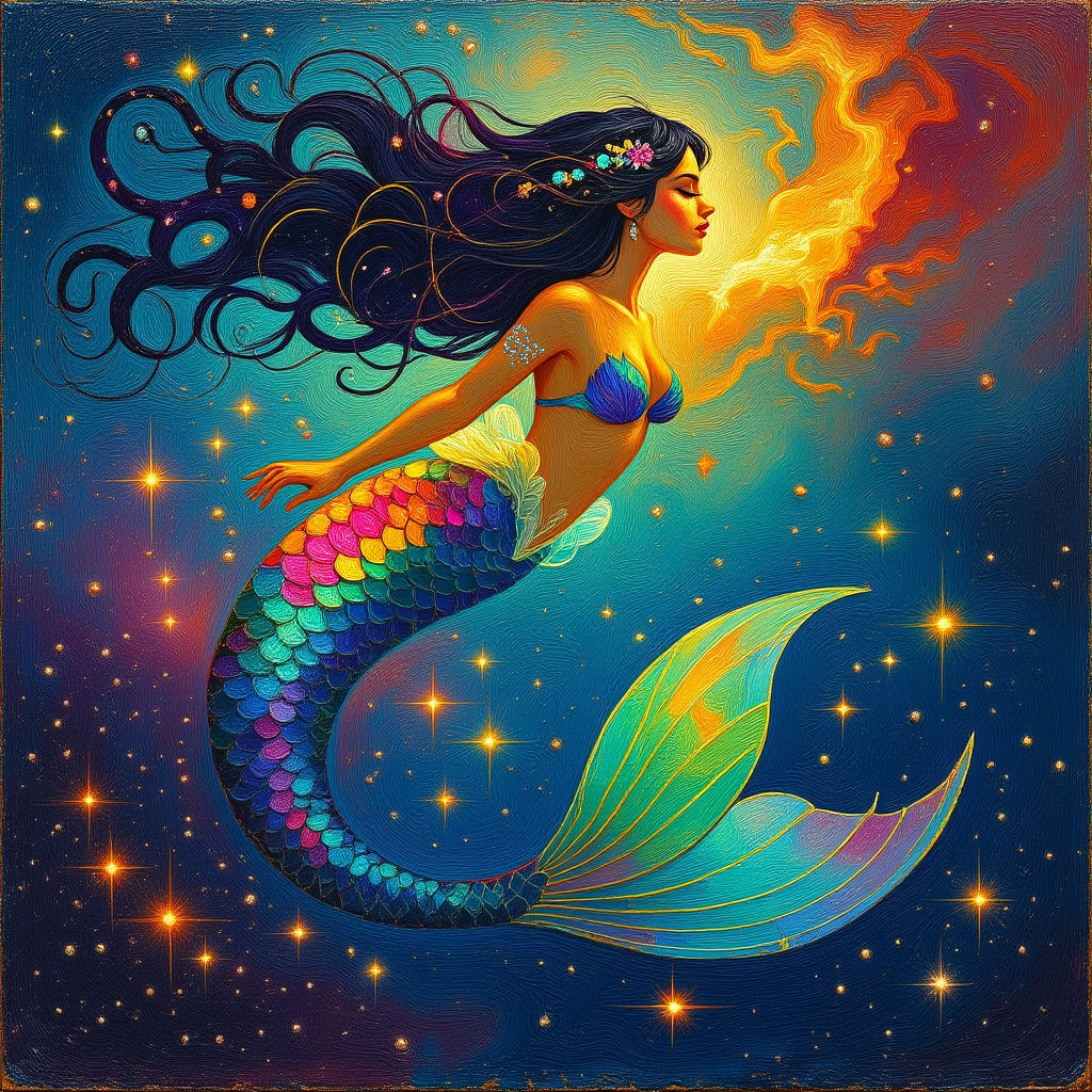 Animated Mermaid Swimming in a Glistening Galaxy