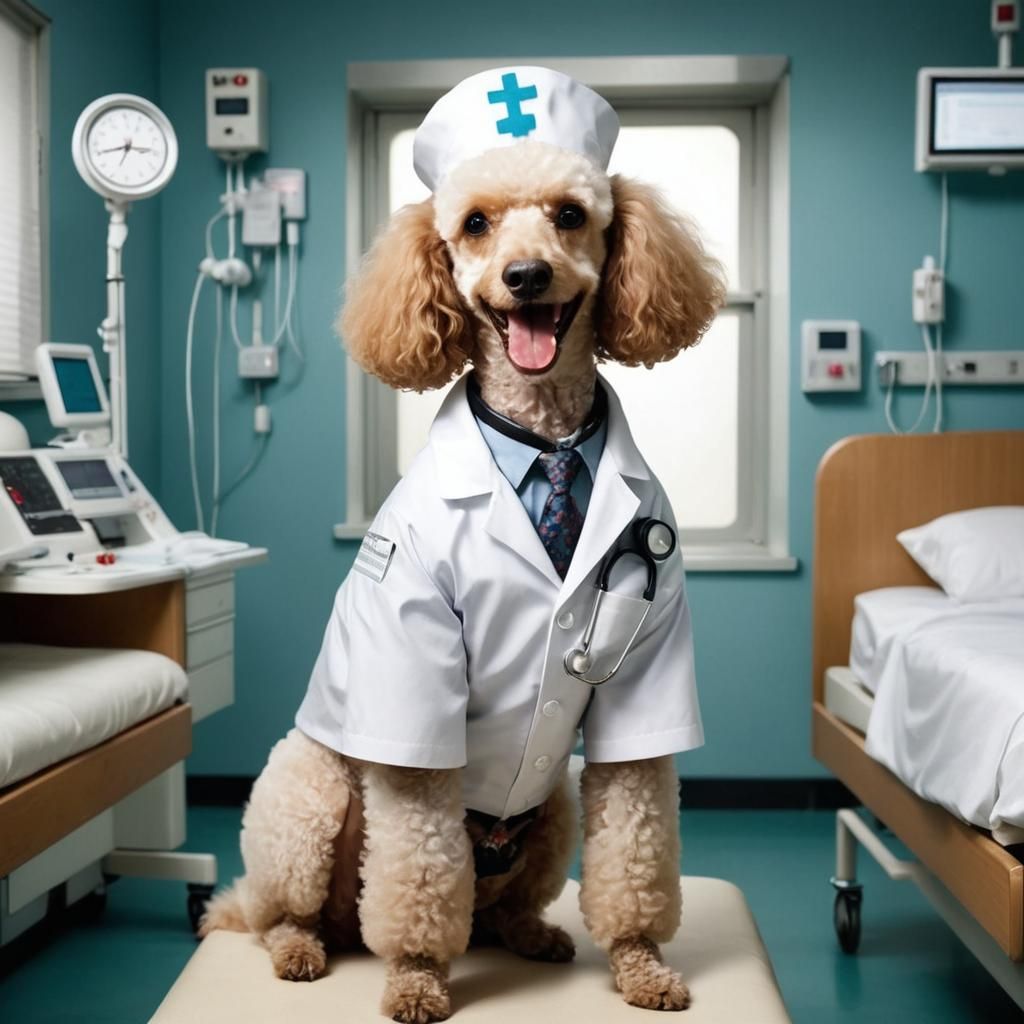 Joyful Dog Doctor in Organized Hospital Room