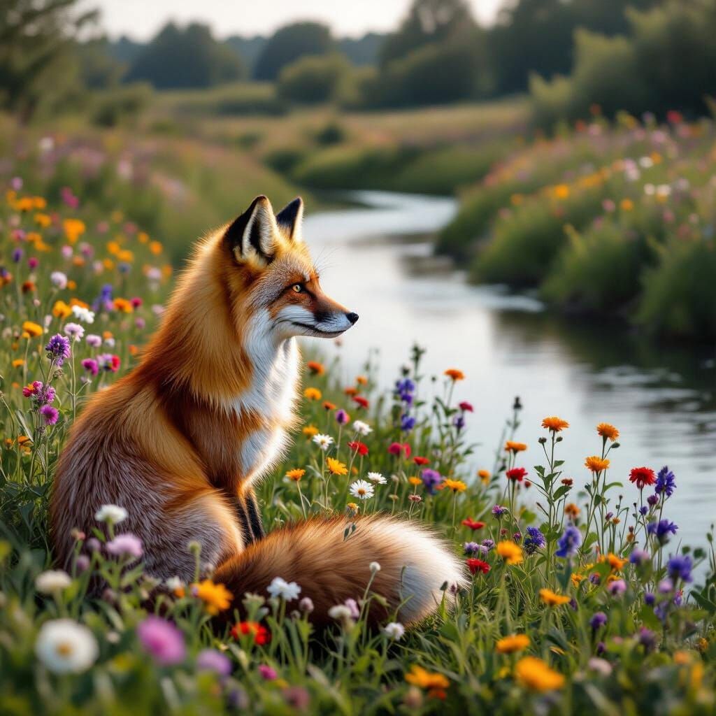 Majestic Fox in Wildflower Field by Winding River