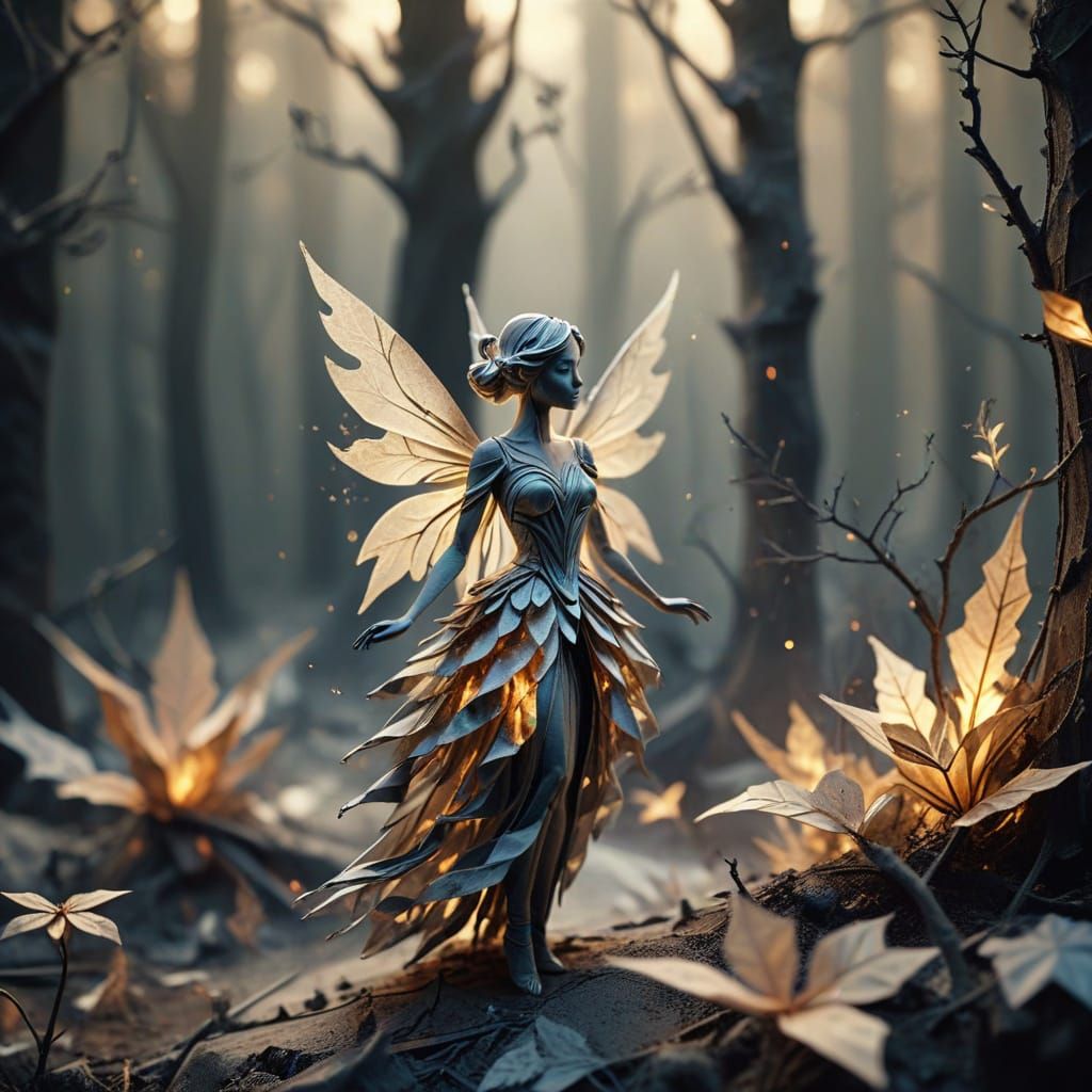 Smoke and Ash Fairy in Charred Forest as Papercraft