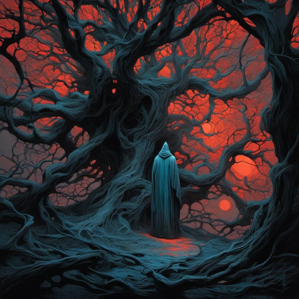 Monk in Grove of Strange Trees in Magic Realism