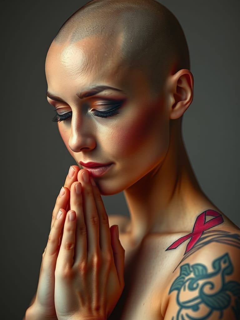 Bald Woman Portrait with Cancer Ribbon Tattoo