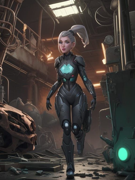 Android Woman Illuminated in Abandoned Industrial Ruins