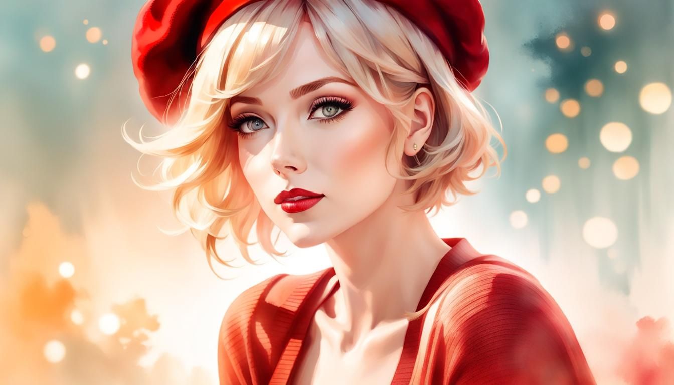 Glamour Portrait of Blonde Girl in Red Beret