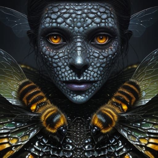 Surreal Bees Swarm Human Face in Dark Apiary