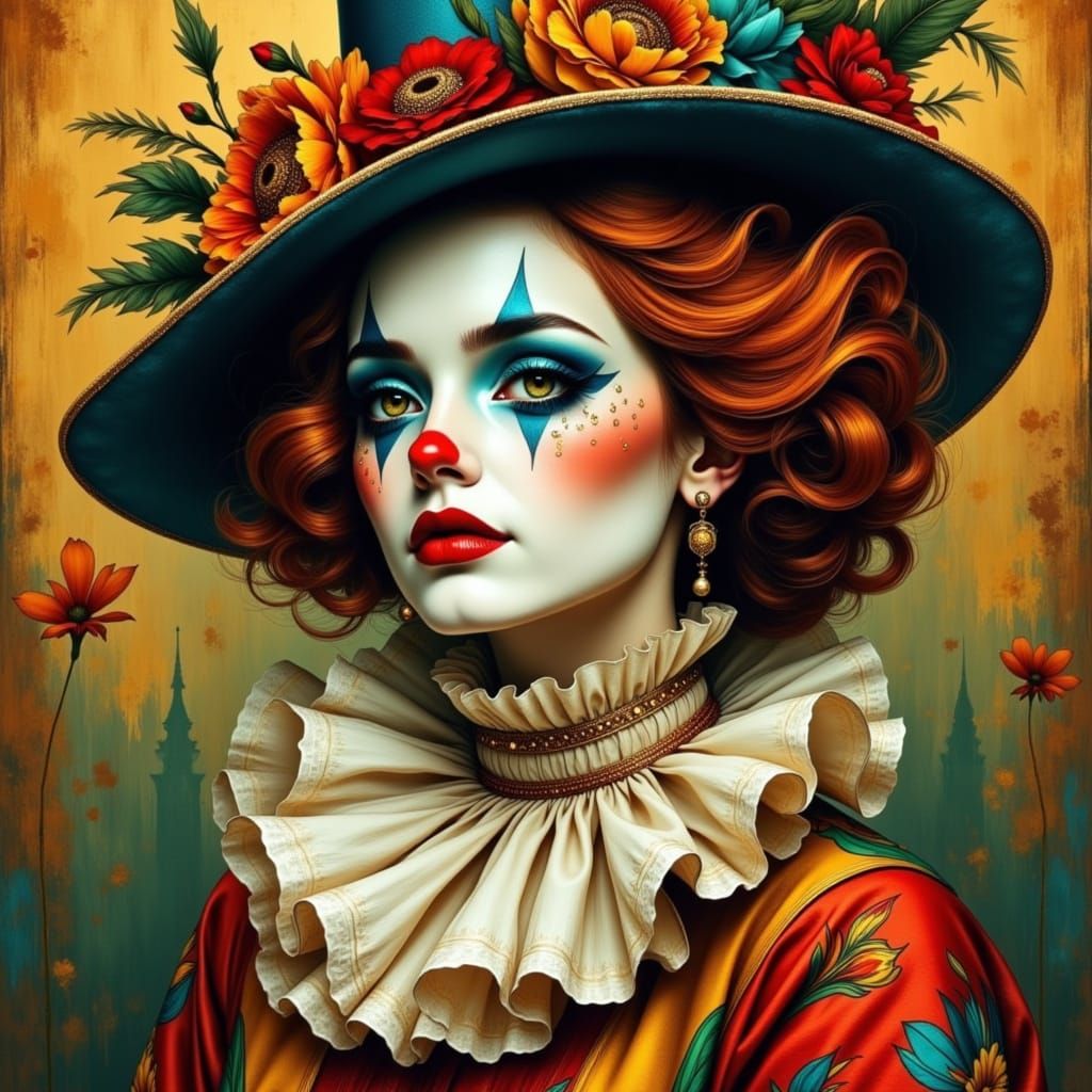 Melancholic Clown in Neo-Traditional Tattoo Style