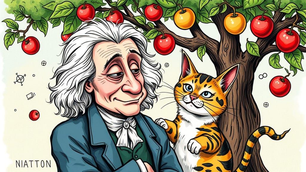 Isaac Newton and Schrödinger's Cat in Whimsical Caricature