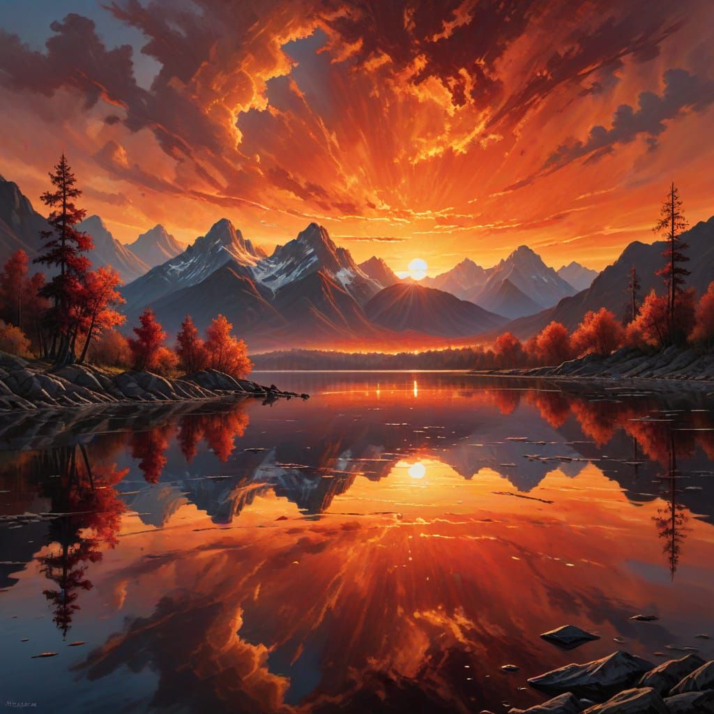 Fiery Sunset Over Still Water as Oil Painting