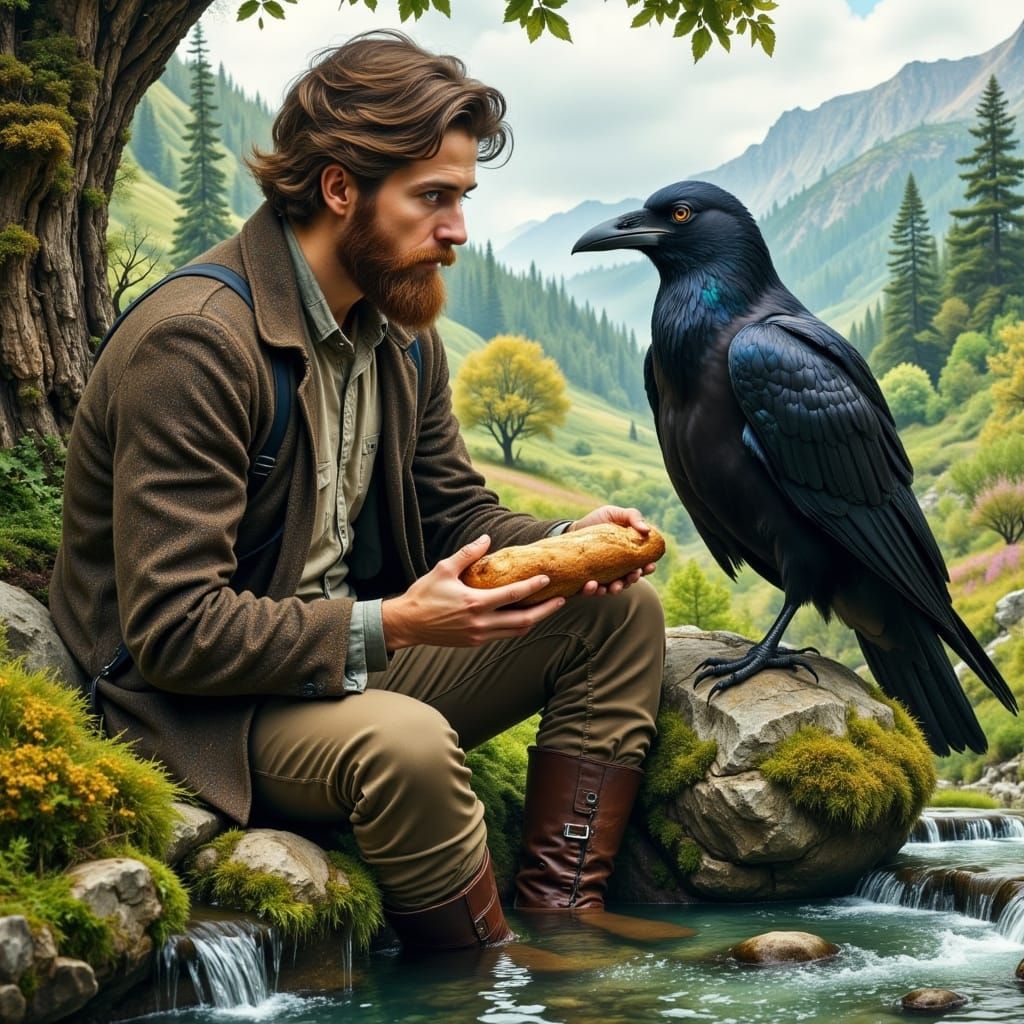Man with Ravens in Mystical Valley