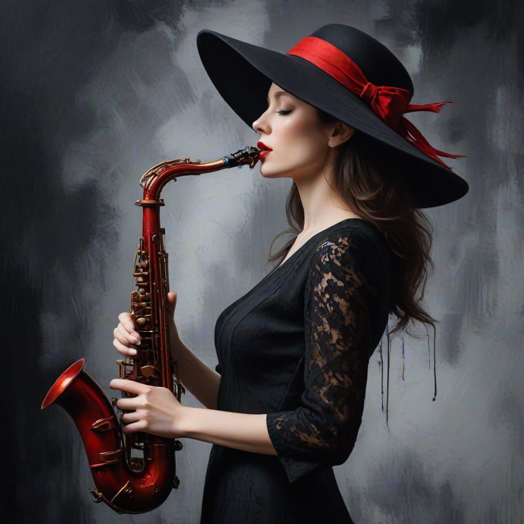 Elegant Woman Plays Crimson Red Saxophone in Moody Noir Aest...