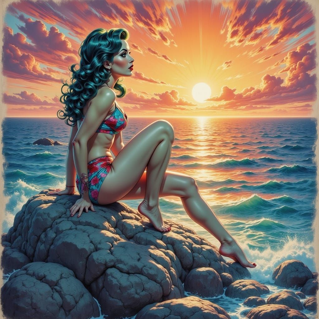 Woman Watching Sunset Over Ocean in Impasto Oil Style