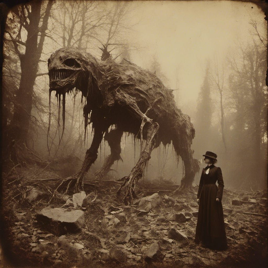 Explorer and Monster in Vintage Macabre Style