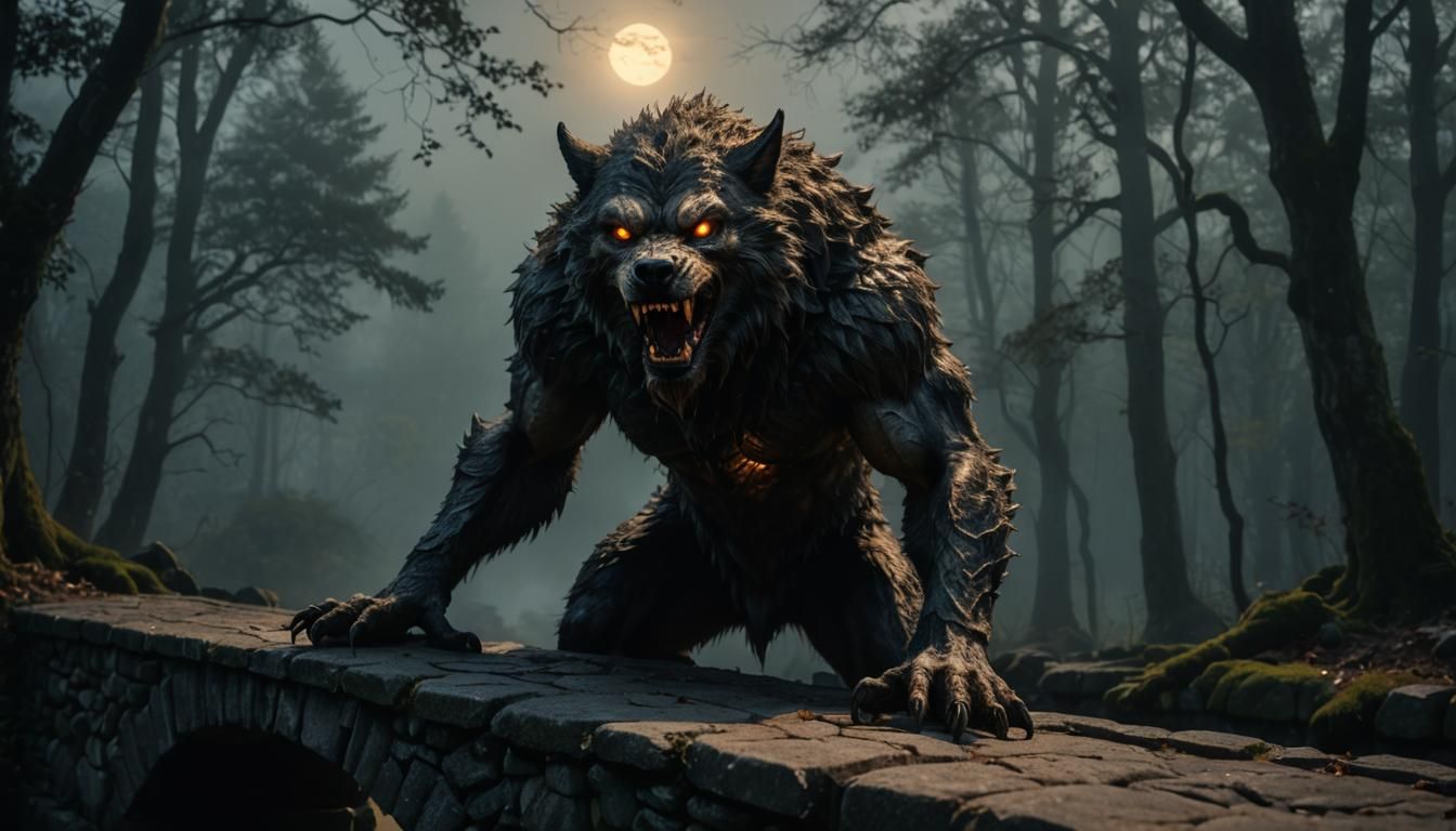 Werewolf on Stone Bridge: Hyperrealistic Wildlife Photograph...