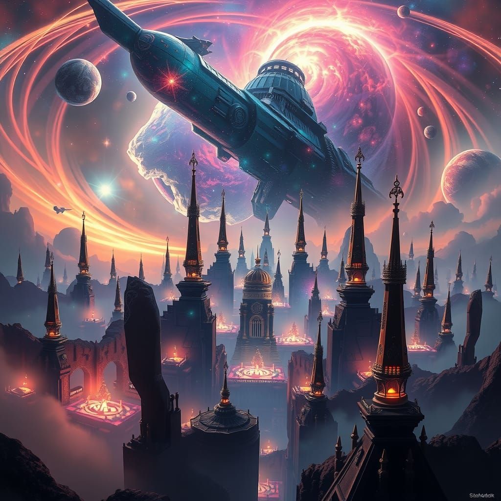 Majestic Celestial Cityscape in Detailed Matte Painting Styl...
