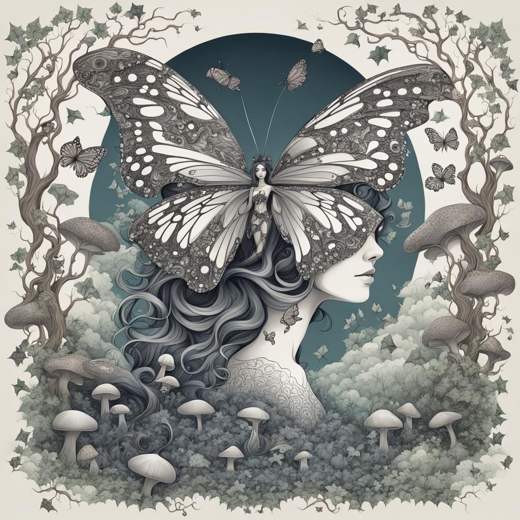 Creepy Fairy Woman in Woods with Butterflies