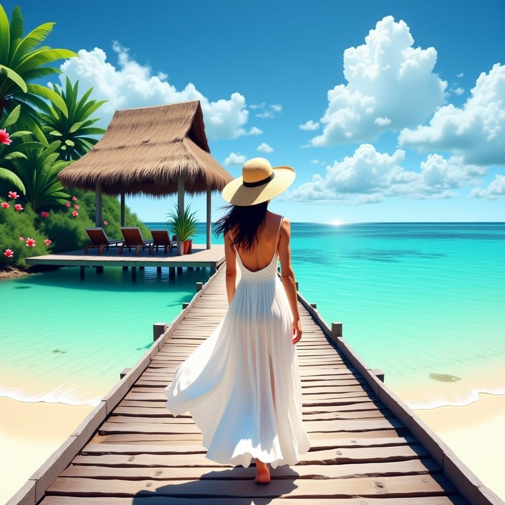 Woman on Pier to Tropical Hut, Impressionist Style