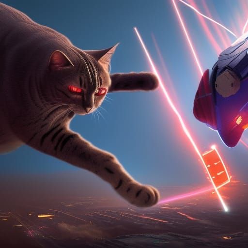 Giant Laser Cat Battles Superman in Detailed Painting