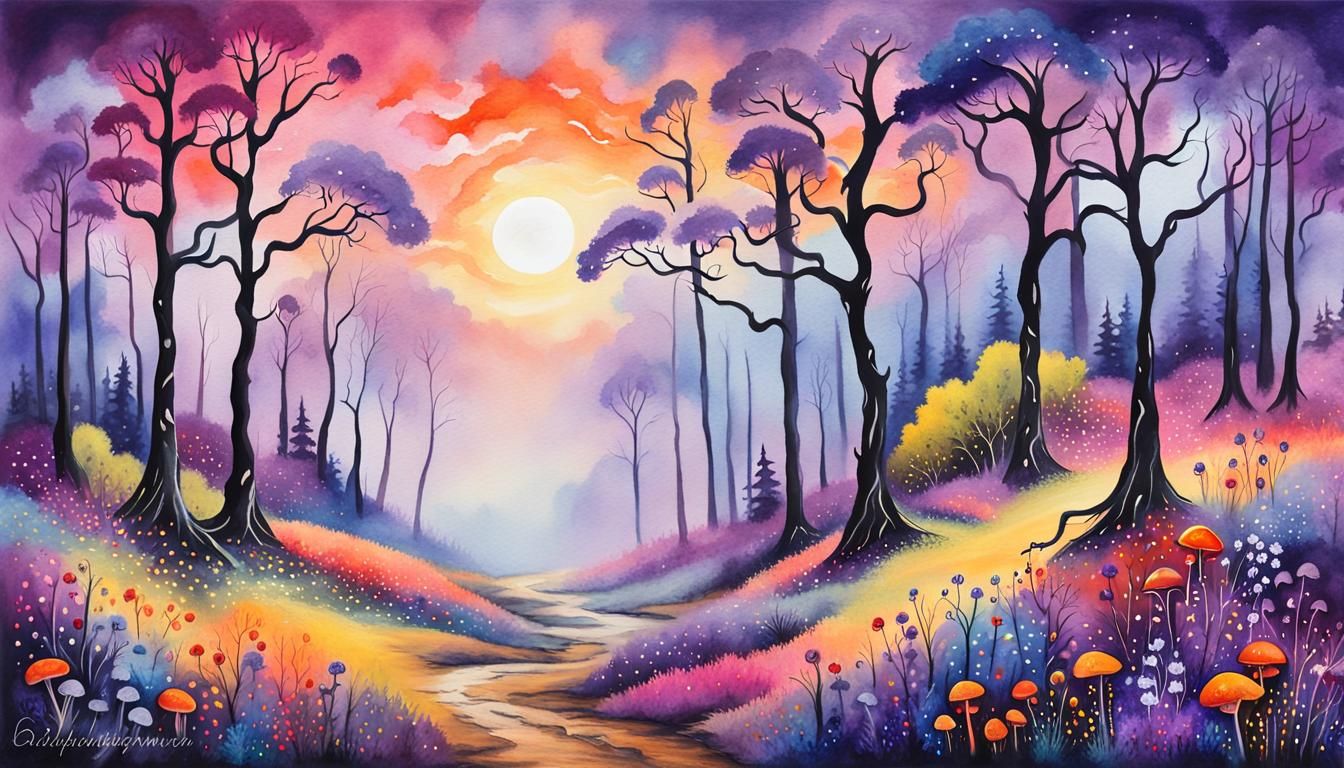 Mystical Forest Landscape in Watercolor Style