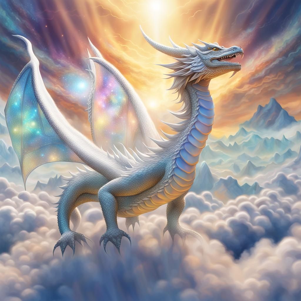 White Dragon Diving Through Clouds in Sunlight